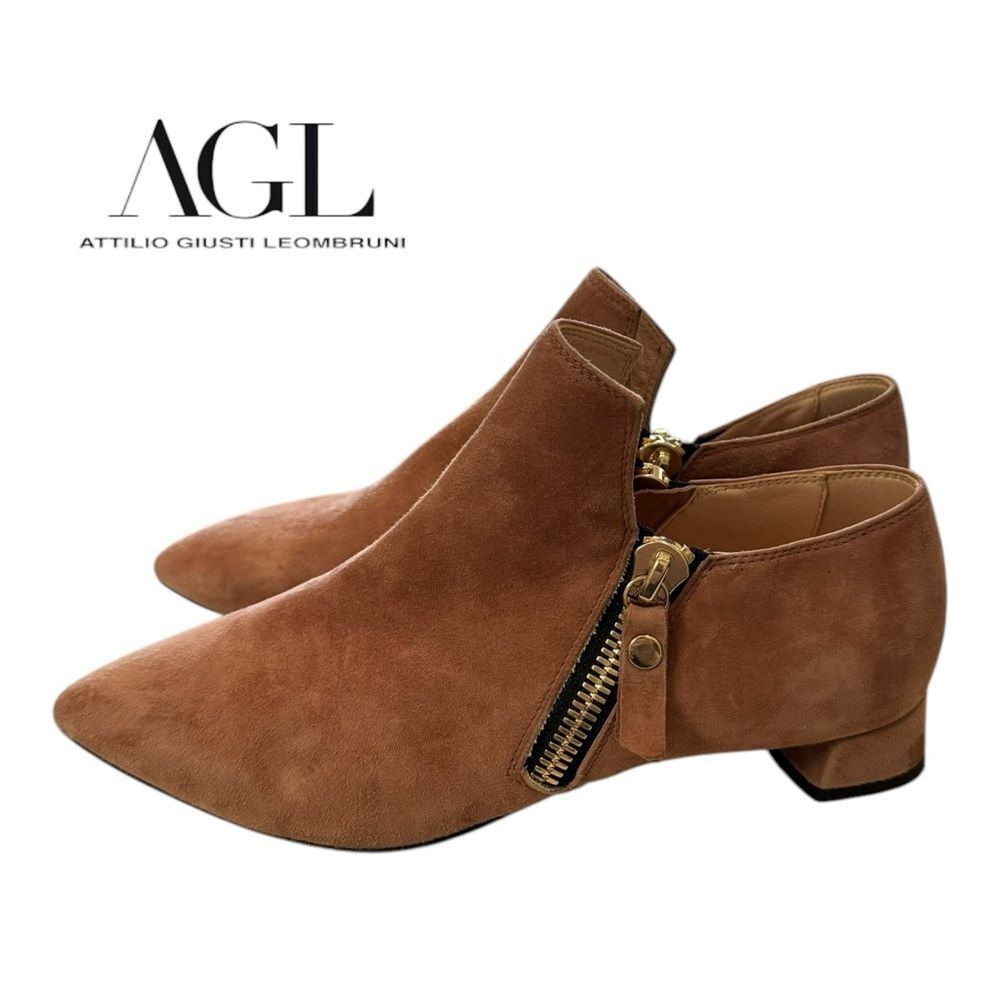 AGL Women's Blush Suede Leather Pointed Toe Zipper Booties 37